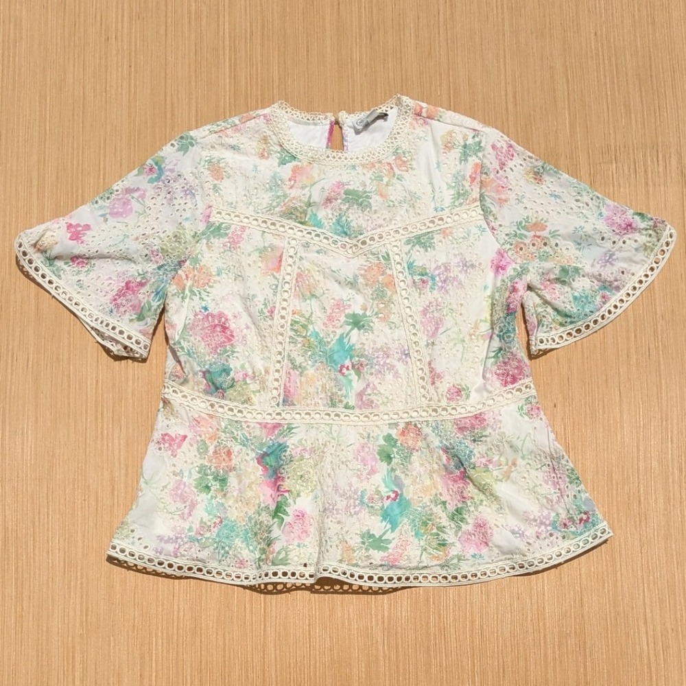 Cato Collection Blouse Floral Eyelet Peplum Pastel Cottage Feminine Women Large